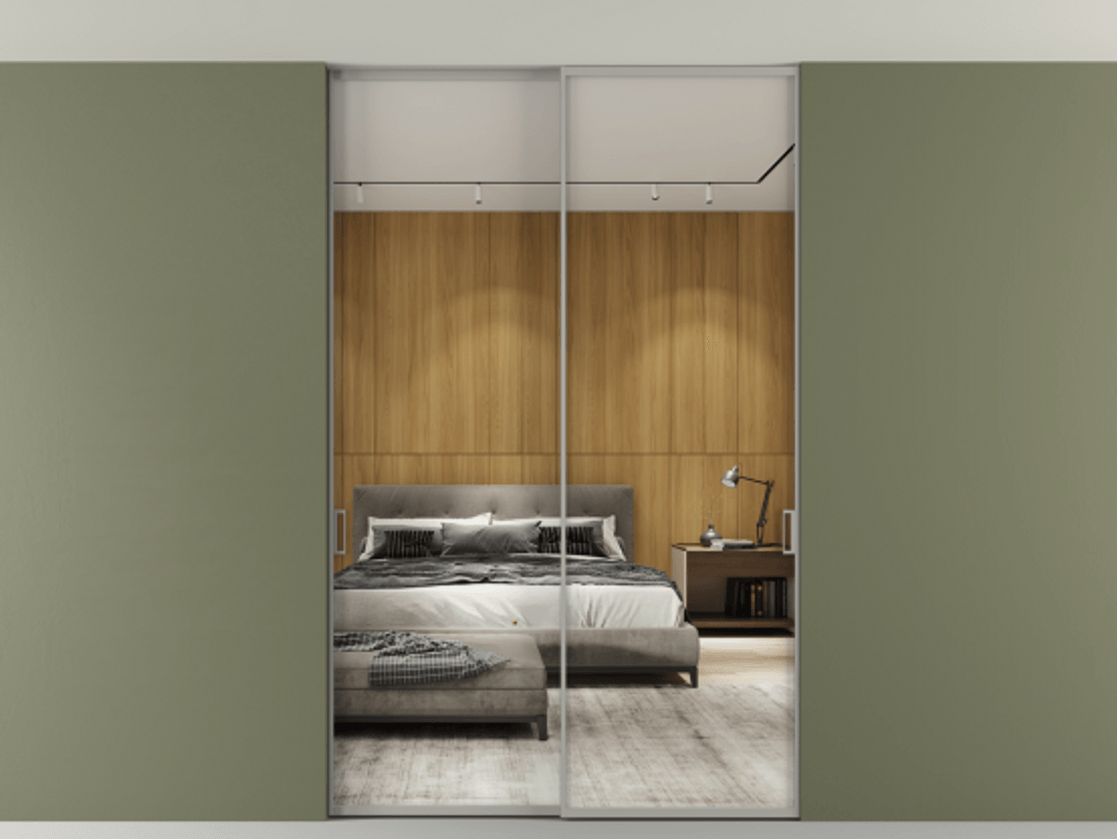 Перегородка Formato внутри проёма двустворчатая со скрытым креплением в потолок АЛПР 040.01 Алюминий нейтральный серый Двустороннее зеркало, триплекс 6 мм, триплекс 6 мм Цена 380950 сом | Volhovec