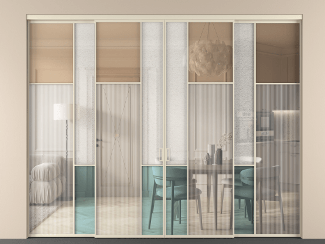 Перегородка Mosaic внутри проёма 4 створки АЛПР 041.11 Алюминий бежево-серый Комбинация стекол Группы 1 и Группы 3 Цена 484920 ₽ | Volhovec