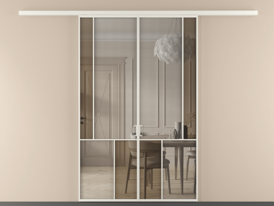 Перегородка Mosaic вдоль стены двустворчатая АЛПР 041.21 Алюминий Белый Mesh silver + Бронза прозрачное триплекс Цена 247760 ₽ | Volhovec