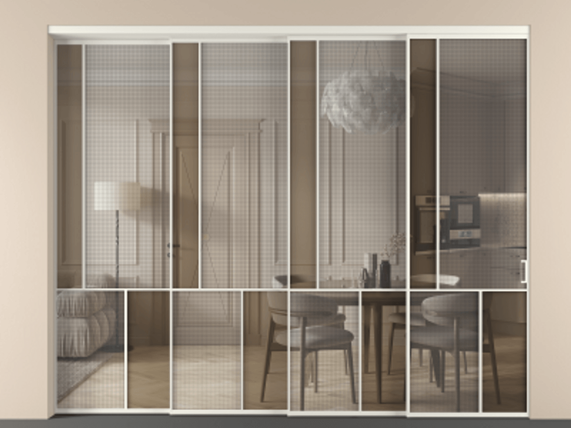 Перегородка Mosaic внутри проёма телескопик синхро-4 АЛПР 041.20 Алюминий Белый Mesh silver + Бронза прозрачное триплекс Цена 542520 ₽ | Volhovec
