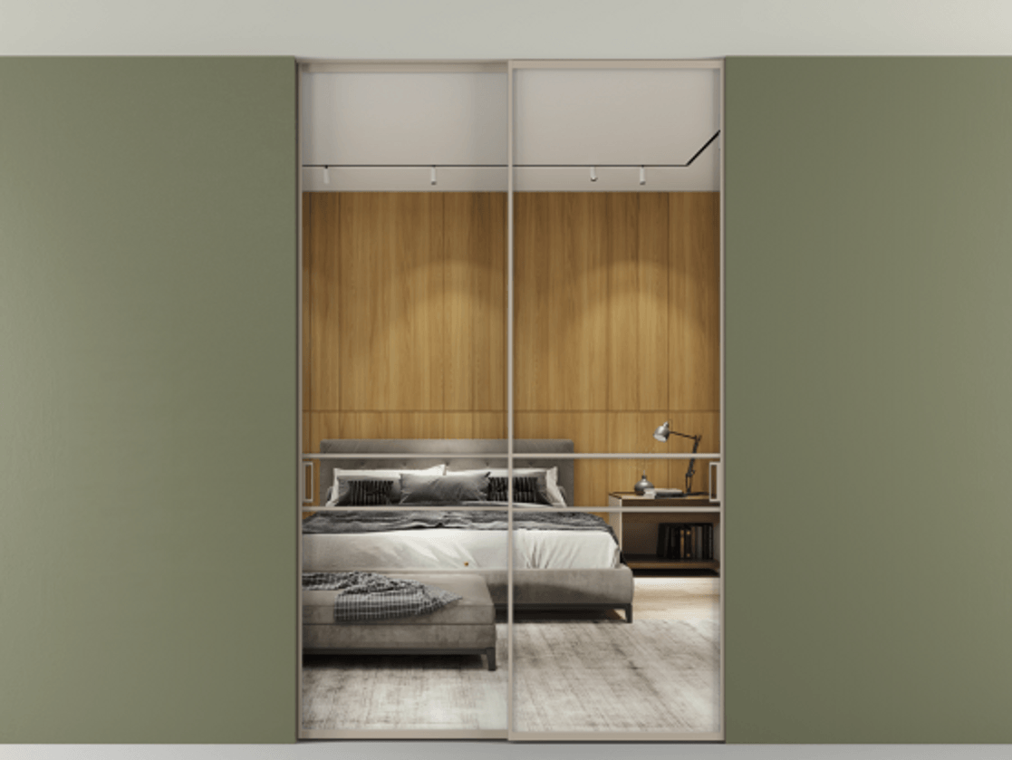 Перегородка Formato внутри проёма двустворчатая со скрытым креплением в потолок АЛПР 040.02 Алюминий бисквитный Двустороннее зеркало, триплекс 6 мм, триплекс 6 мм Цена 397280 сом | Volhovec