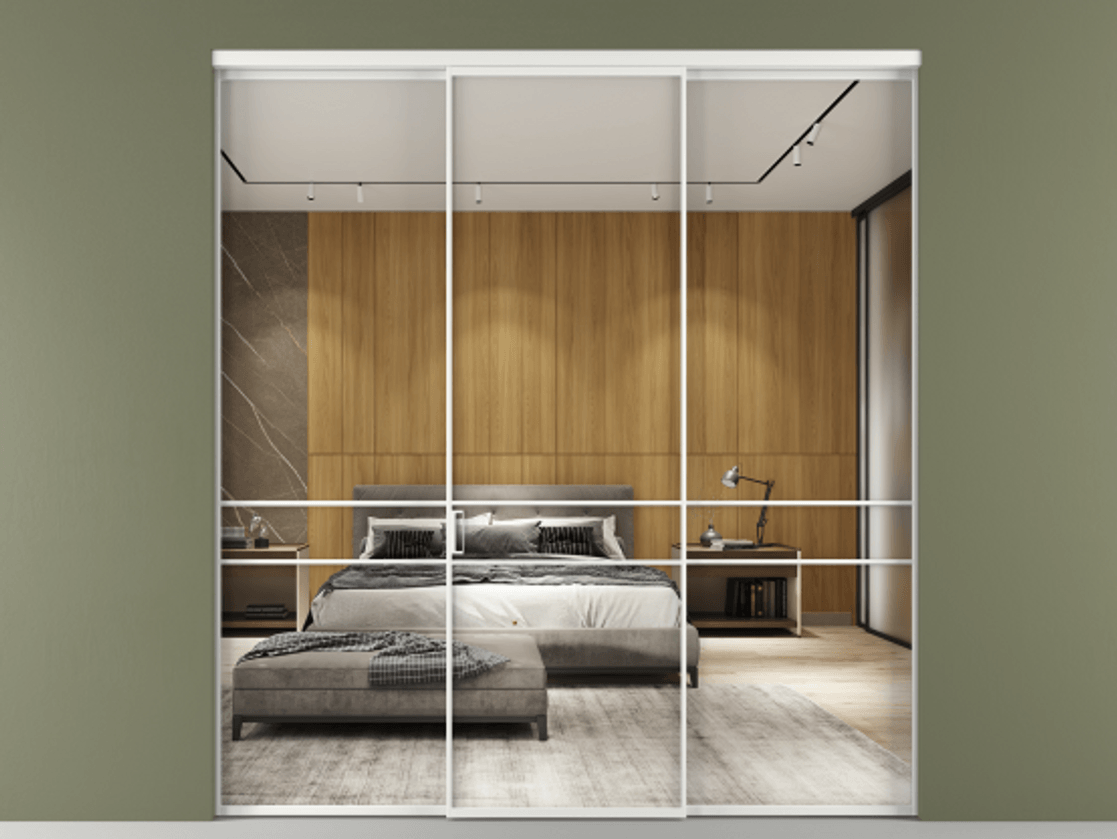 Перегородка Formato внутри проёма трёхстворчатая АЛПР 040.02 Алюминий белоснежный Двустороннее зеркало, триплекс 6 мм, триплекс 6 мм Цена 402730 сом | Volhovec