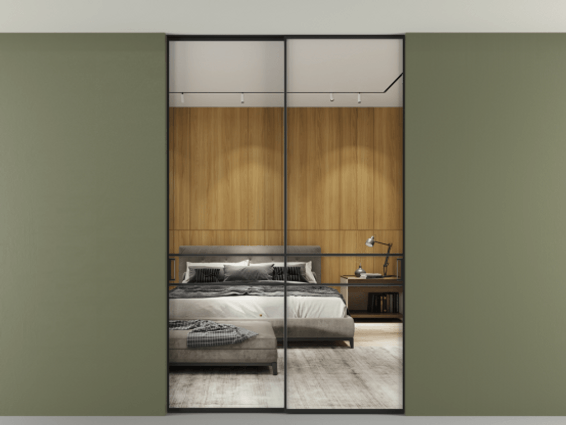 Перегородка Formato внутри проёма двустворчатая со скрытым креплением в потолок АЛПР 040.02 Алюминий Черный Двустороннее зеркало, триплекс 6 мм, триплекс 6 мм Цена 386390 сом | Volhovec