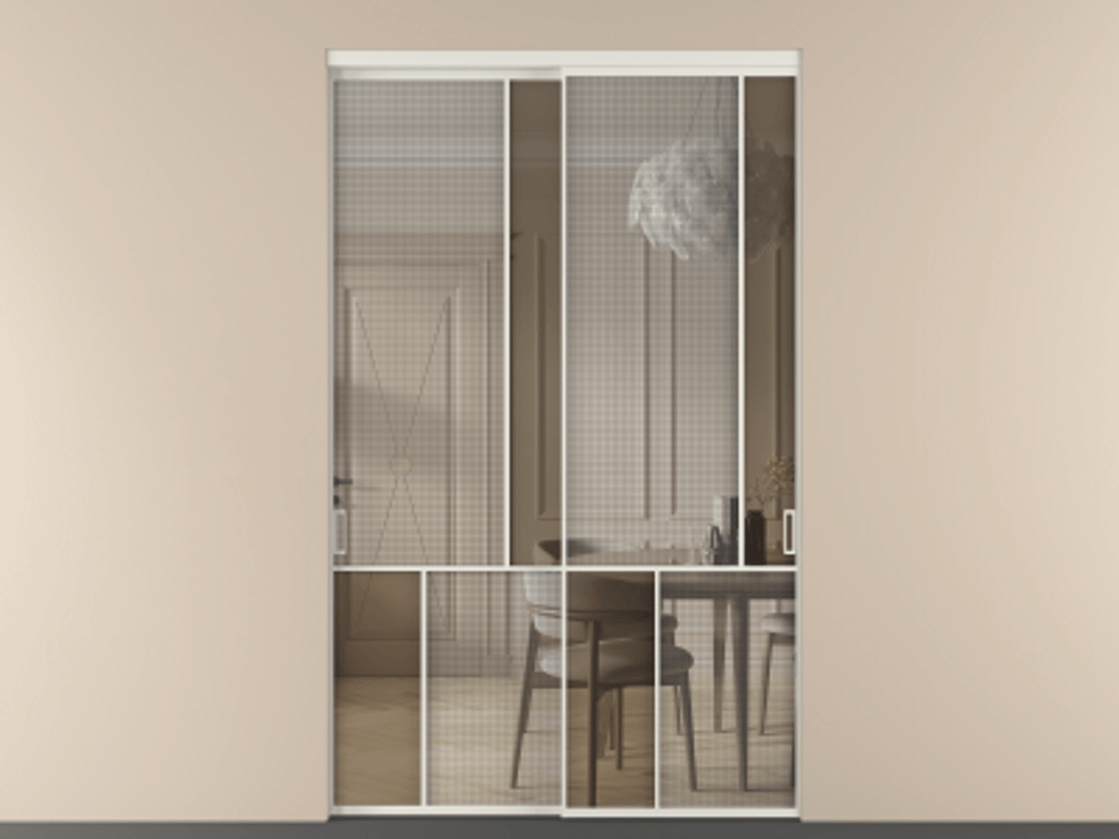 Перегородка Mosaic внутри проема двустворчатая АЛПР 041.21 Алюминий Белый Mesh silver + Бронза прозрачное триплекс Цена 227360 ₽ | Volhovec