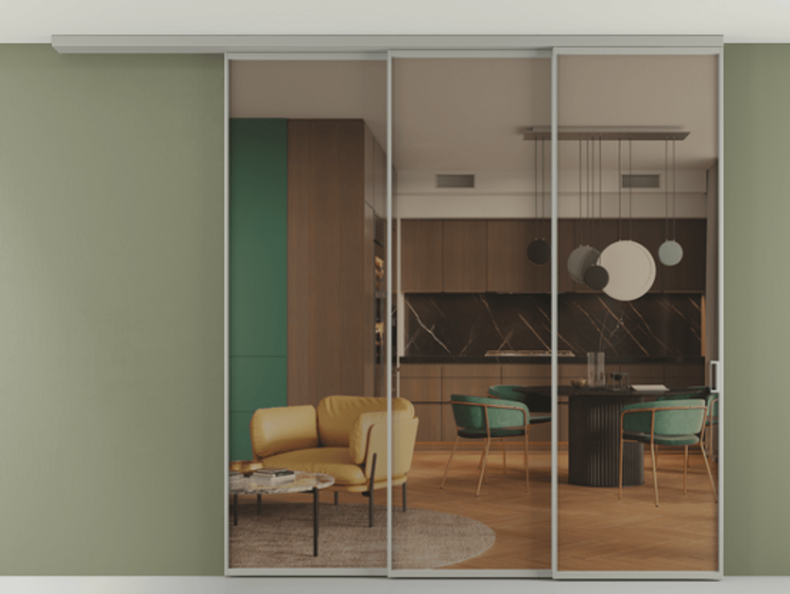 Перегородка Формато вдоль стены на потолок 3 створки с синхронным механизмом АЛПР 040.01 Алюминий нейтральный серый Прозрачное бронзовое стекло, триплекс Цена 370608 ₽ | Volhovec