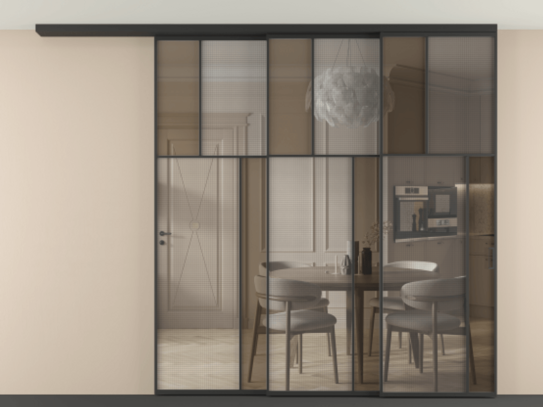 Перегородка Mosaic вдоль стены телескопик синхро-3 АЛПР 041.23 Алюминий Черный Mesh silver + Бронза прозрачное триплекс Цена 432640 ₽ | Volhovec