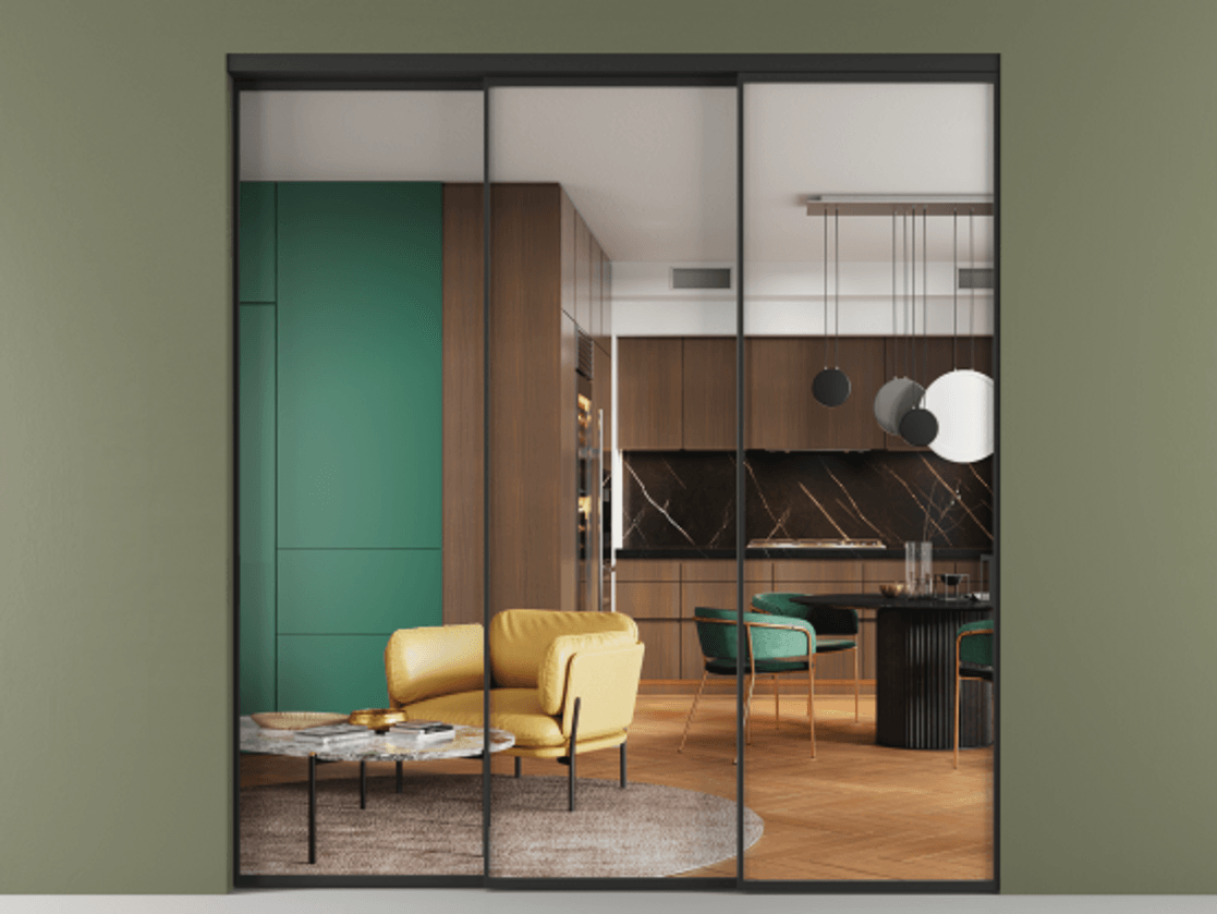 Перегородка Formato внутри проёма телескопик синхро 2 АЛПР 040.01 Алюминий Черный Прозрачное стекло "Crystal Vision", калёное, 6 мм Цена 523430 сом  | Volhovec