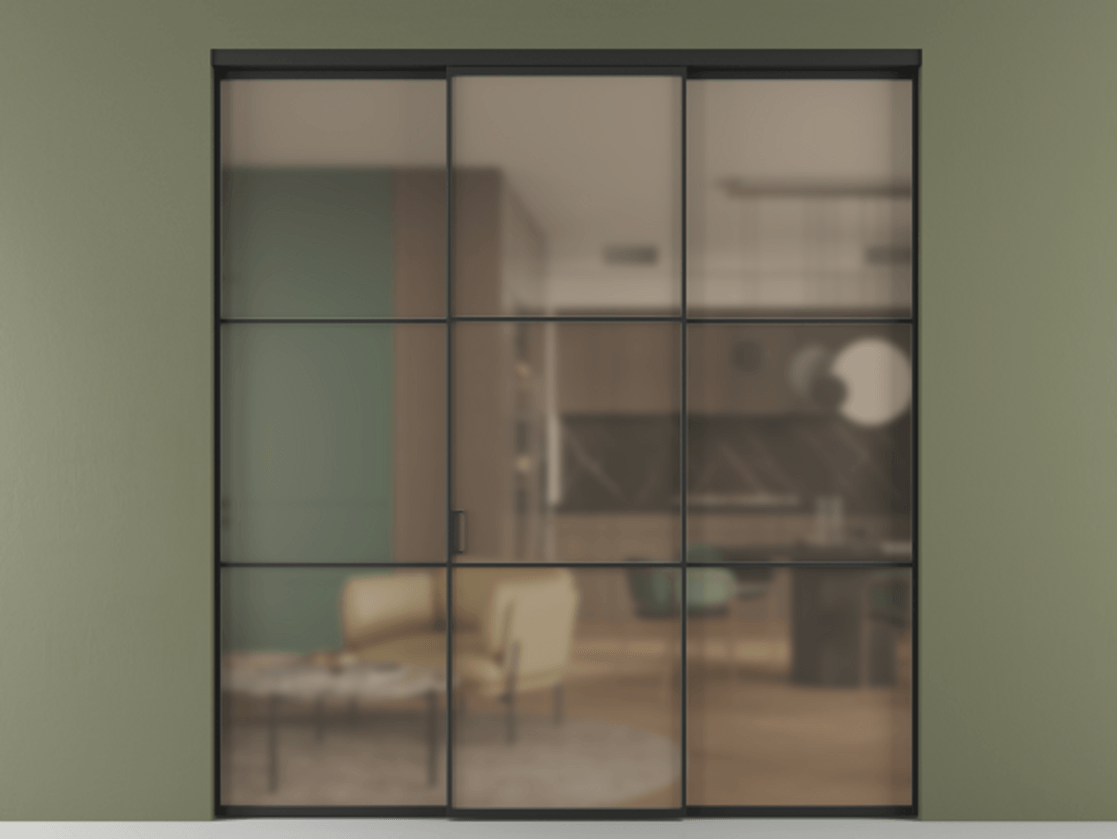 Перегородка Formato внутри проёма трёхстворчатая АЛПР 040.03 Алюминий Черный Сатинированное бронзовое стекло, триплекс Цена 238700 ₽ | Volhovec