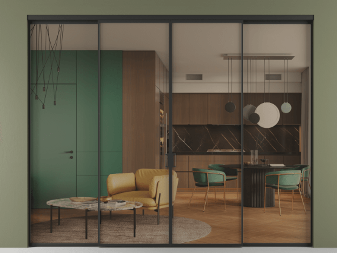 Перегородка Formato внутри проёма четырёхстворчатая АЛПР 040.01 Алюминий Черный Прозрачное бронзовое стекло, триплекс, 6 мм Цена 494460 сом  | Volhovec