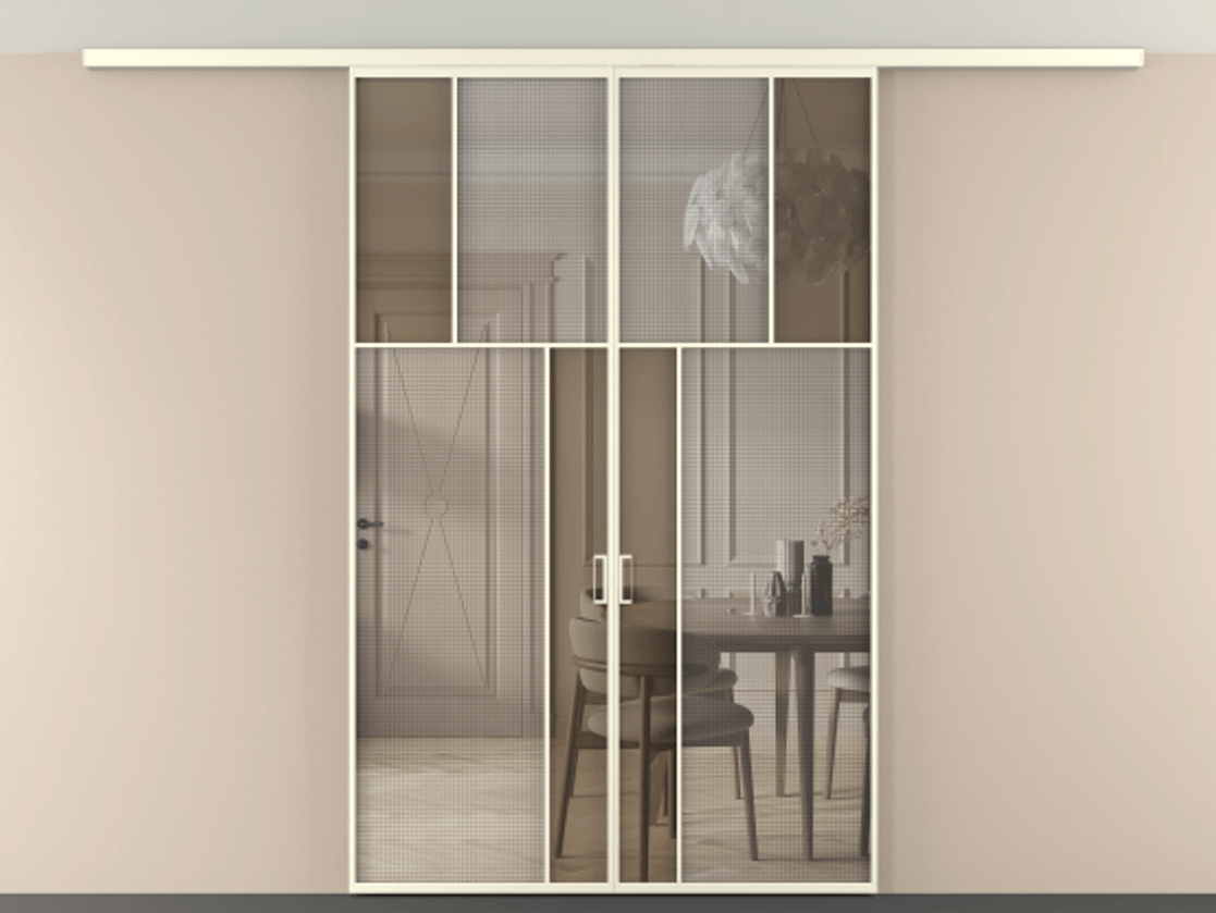 Перегородка Mosaic вдоль стены на потолок двустворчатая АЛПР 041.22 Алюминий молочно-белый Декоративное стекло с сеткой "Mesh silver", триплекс, 6 мм + Прозрачное бронзовое стекло, триплекс, 6 мм Цена 378440 сом | Volhovec