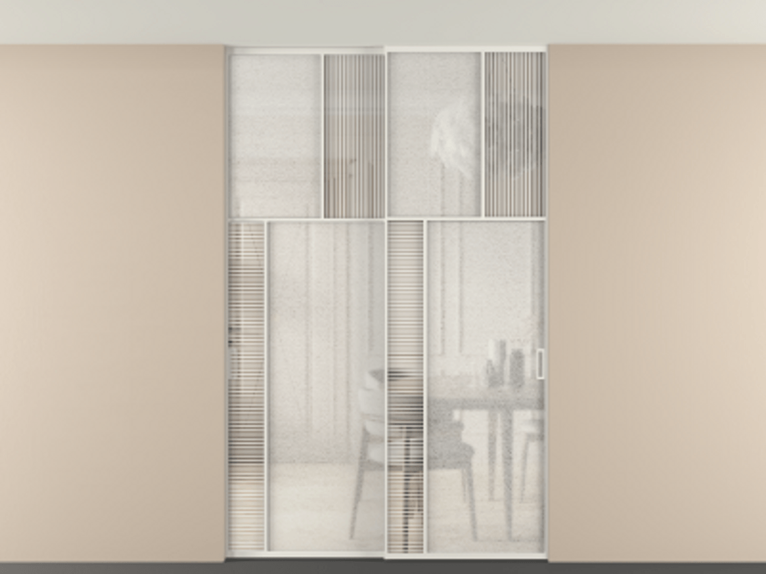 Перегородка Mosaic внутри проёма двустворчатая со скрытым креплением в потолок АЛПР 041.22 Алюминий Белый Рифлёное стекло "Дюна", триплекс, 6 мм + Фактурное стекло "Лёд", триплекс, 6 мм. Скрытый короб БЕЛ Цена 328670 ₽ . Фабрика дверей Волховец 8 (800) 551 43 19 Перегородка Mosaic внутри проёма двустворчатая со скрытым креплением в потолок АЛПР 041.22 Алюминий Белый Рифлёное стекло "Дюна", триплекс, 6 мм + Фактурное стекло "Лёд", триплекс, 6 мм Цена 328670 ₽ | Volhovec