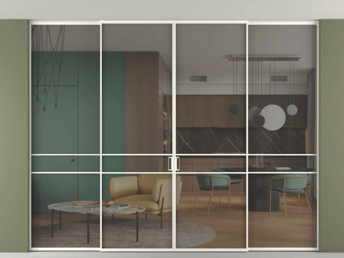 Перегородка Formato внутри проёма скрытое крепление в потолок 4 створки АЛПР 040.02 Алюминий пудровый белый Прозрачное серое стекло, триплекс Цена 523140 ₽ | Volhovec