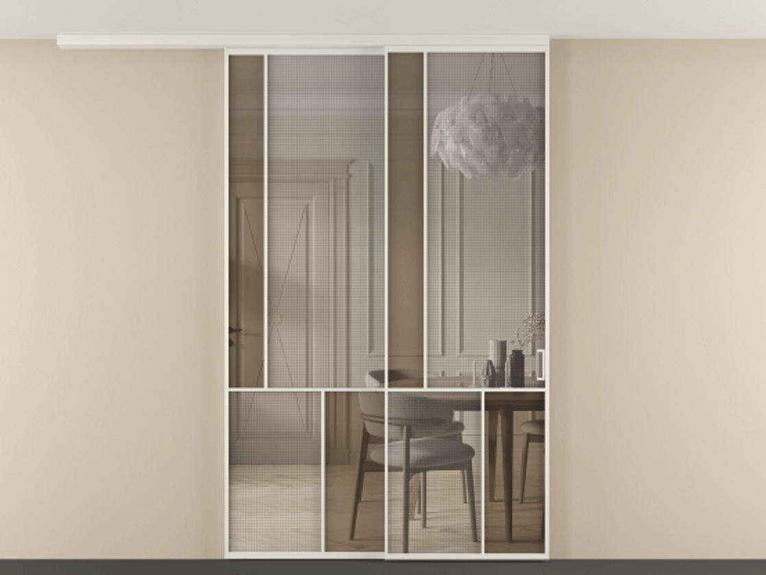 Перегородка Mosaic вдоль стены телескопик синхро-2 АЛПР 041.20 Алюминий Белый Mesh silver + Бронза прозрачное триплекс Цена 300160 ₽ | Volhovec