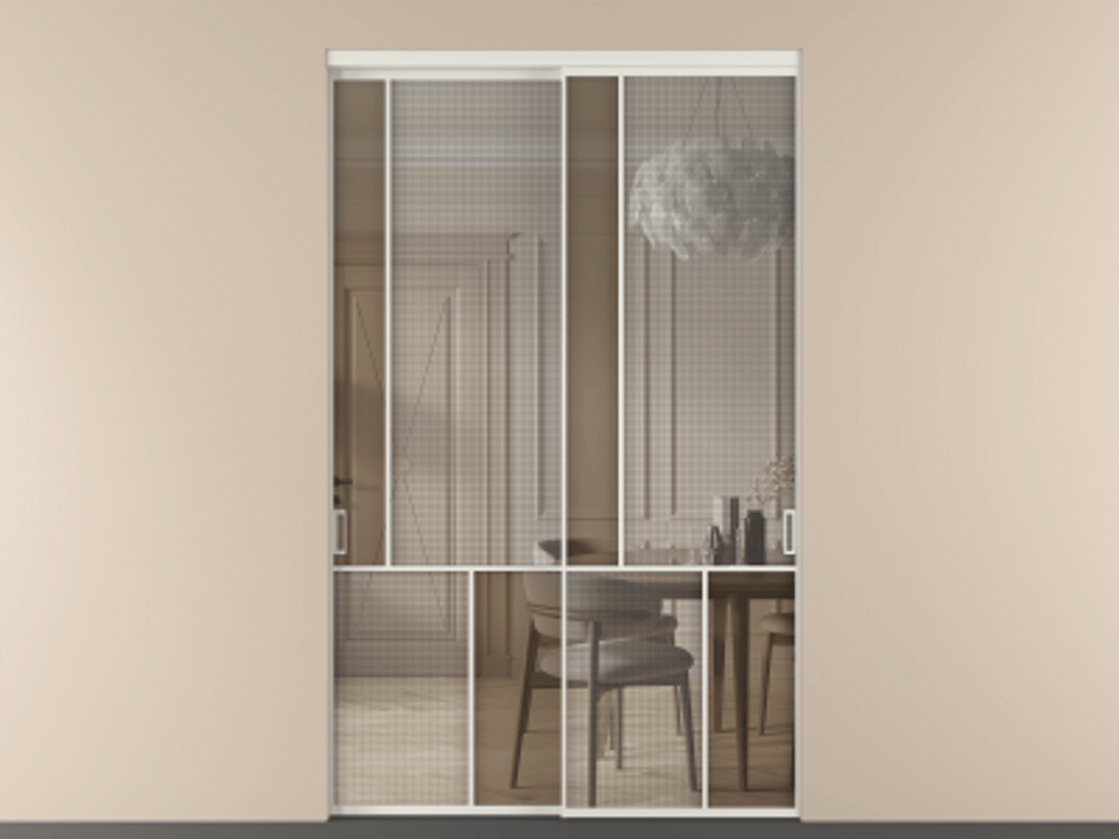 Перегородка Mosaic внутри проёма двустворчатая АЛПР 041.20 Алюминий Белый Mesh silver + Бронза прозрачное триплекс Цена 227360 ₽ | Volhovec