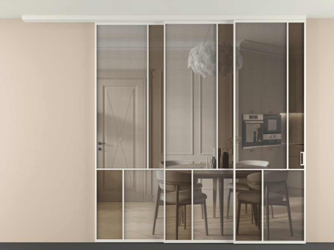 Перегородка Mosaic вдоль стены телескопик синхро-3 АЛПР 041.21 Алюминий Белый Mesh silver + Бронза прозрачное триплекс Цена 432640 ₽ | Volhovec