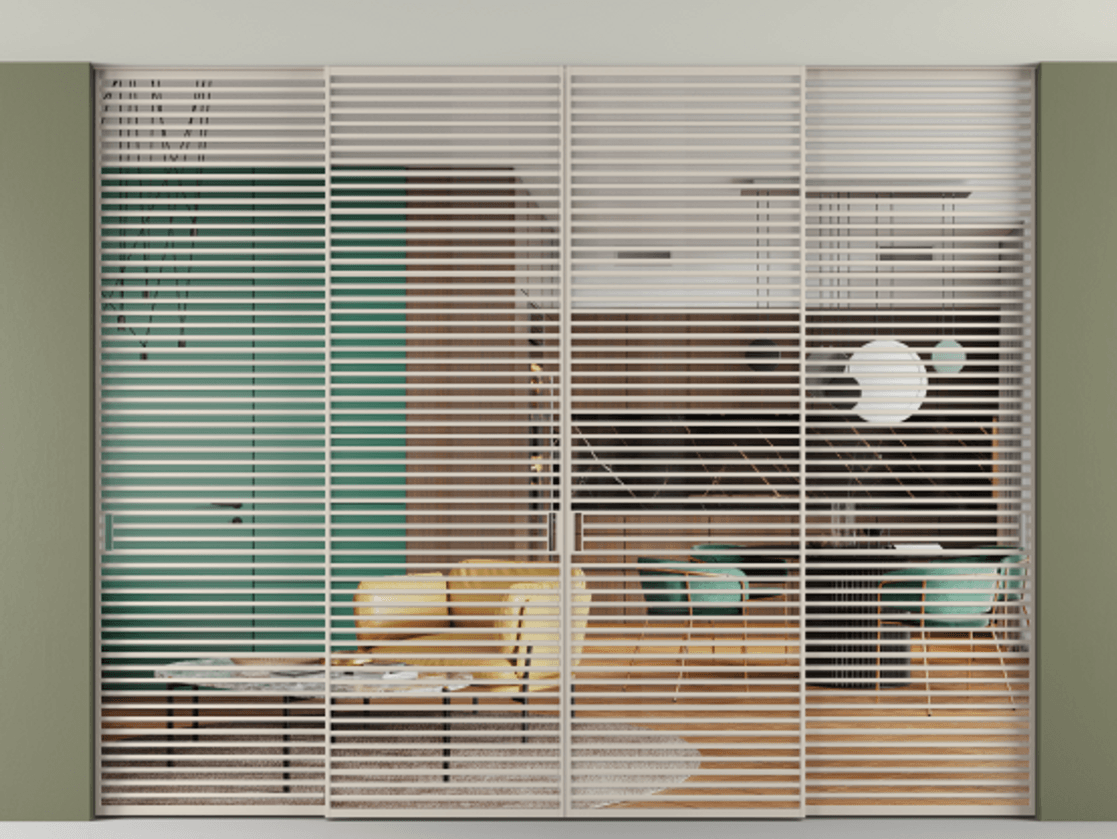 Перегородка Formato внутри проёма четырёхстворчатая со скрытым креплением в потолок АЛПР 040.07 Алюминий светло-бежевый Прозрачное стекло "Crystal Vision", калёное, 6 мм Цена 1356530 сом | Volhovec