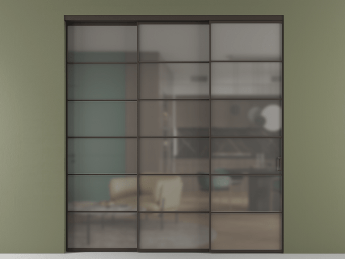 Перегородка Formato внутри проёма телескопик синхро 2 АЛПР 040.04 Алюминий антрацит Сатинированное серое стекло, триплекс, 6 мм Цена 567110 сом  | Volhovec