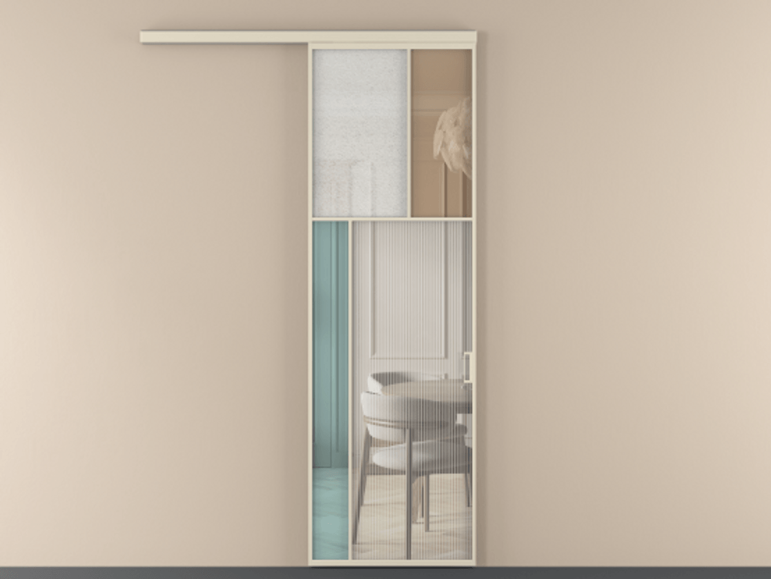 Перегородка Mosaic вдоль стены 1 створка АЛПР 041.22 Алюминий бежево-серый Комбинация стекол Группы 1 и Группы 3 Цена 143030 ₽ | Volhovec