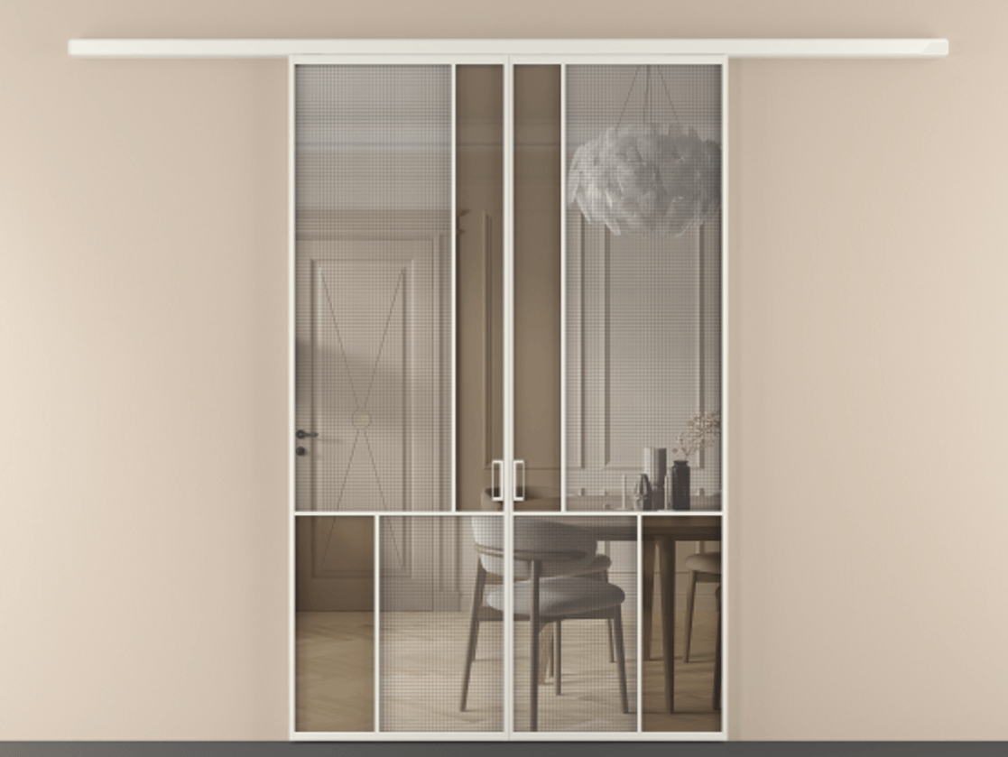 Перегородка Mosaic вдоль стены двустворчатая АЛПР 041.20 Алюминий Белый Mesh silver + Бронза прозрачное триплекс Цена 247760 ₽ | Volhovec