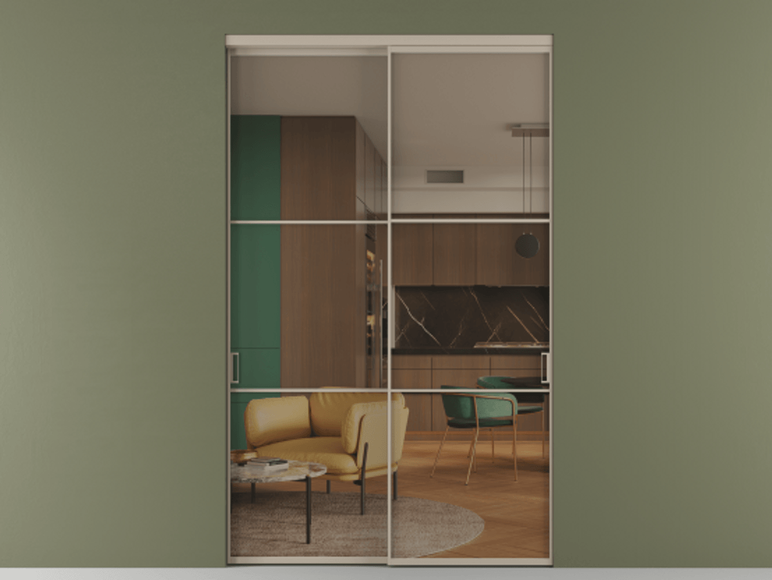 Перегородка Formato внутри проёма двустворчатая АЛПР 040.03 Алюминий бисквитный Прозрачное бронзовое стекло, триплекс, 6 мм Цена 286980 сом  | Volhovec