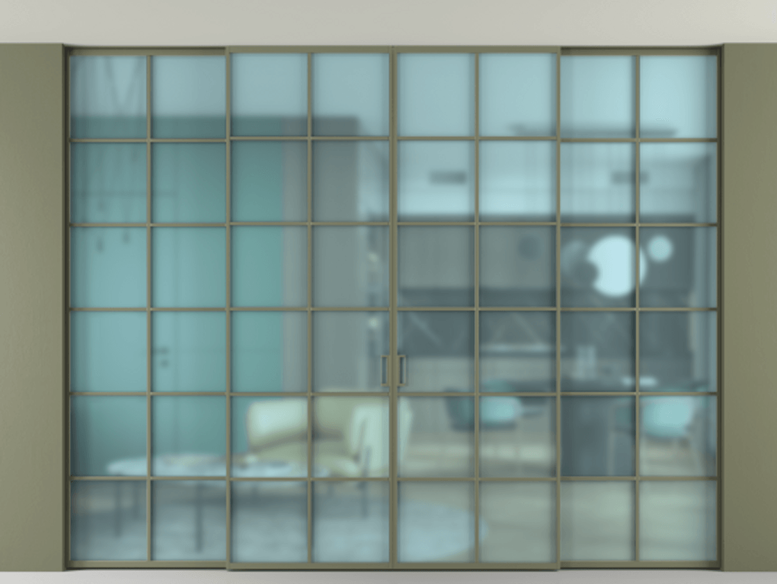 Перегородка Формато внутри проёма скрытое крепление в потолок 4 створки АЛПР 040.05 Алюминий оливковый тёмный Сатинированное голубое стекло, триплекс Цена 466270 ₽ | Volhovec