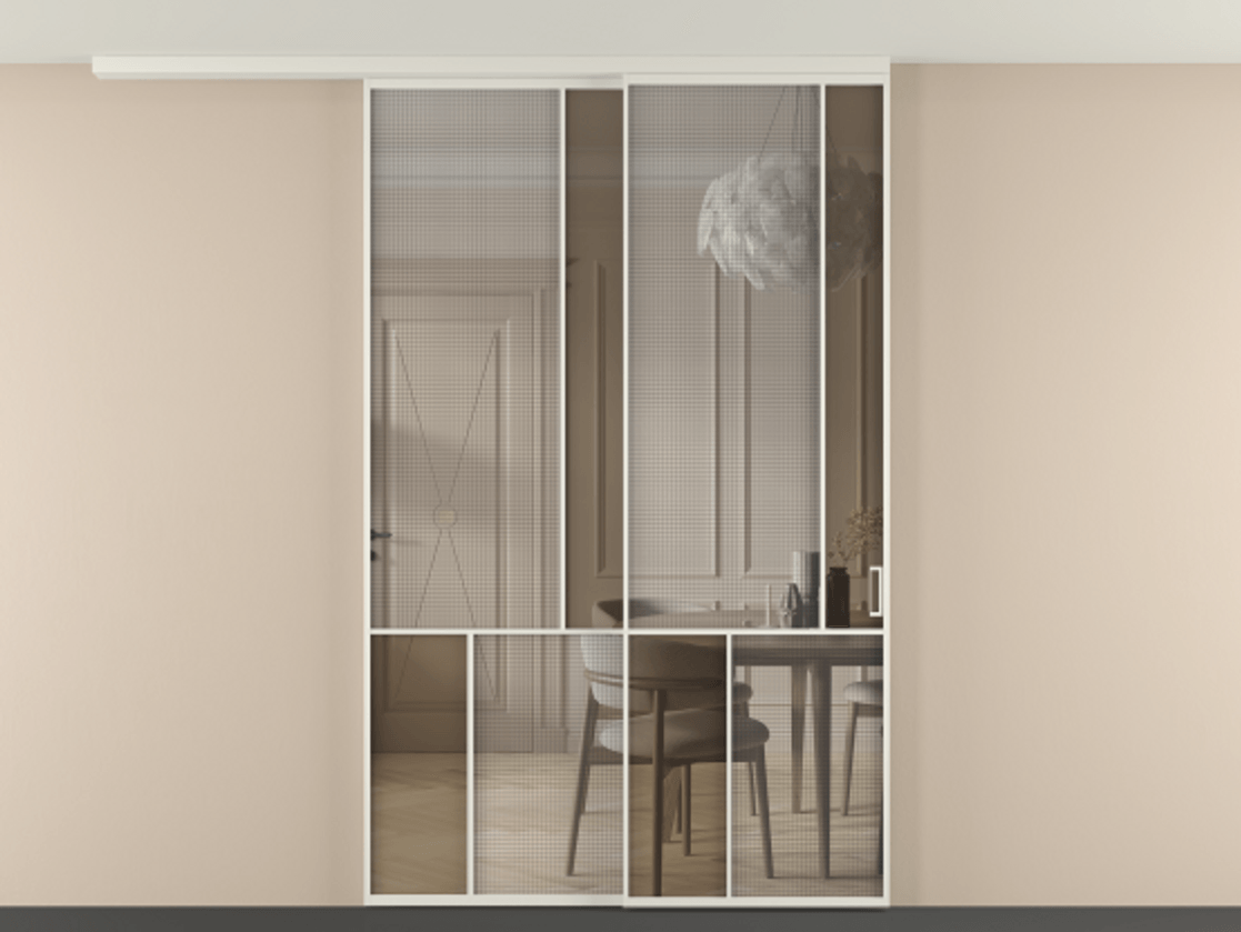 Перегородка Mosaic вдоль стены телескопик синхро-2 АЛПР 041.21 Алюминий Белый Mesh silver + Бронза прозрачное триплекс Цена 300160 ₽ | Volhovec