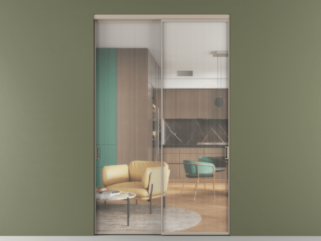 Перегородка Formato внутри проёма двустворчатая АЛПР 040.01 Алюминий бисквитный Рифлёное стекло "Moru", триплекс, 8 мм Цена 295420 сом  | Volhovec