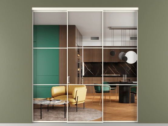 Алюминевая перегородка АЛПР 040.03_АЖМ_Crystalvision_new. Цвет Алюминий жемчужный. Материал Алюминий в эмали. Коллекция Перегородка Formato внутри проёма 3 створки. Картинка.