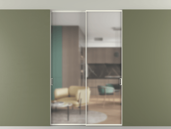 Алюминевая перегородка АЛПР 040.01_АЖМ_Matelux Crystalvision_new. Цвет Алюминий жемчужный. Материал Алюминий в эмали. Коллекция Перегородка Формато внутри проёма скрытое крепление в потолок 2 створки. Картинка.