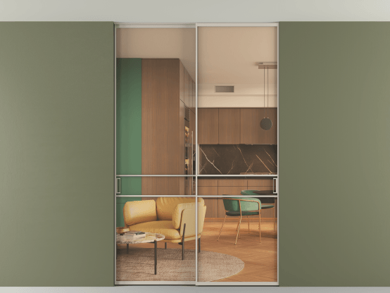 Алюминевая перегородка АЛПР 040.02_АСБЖ_ПРОЗ ОРАНЖ_new. Цвет Алюминий светло-бежевый. Материал Алюминий в эмали. Коллекция Перегородка Формато внутри проёма скрытое крепление в потолок 2 створки. Картинка.