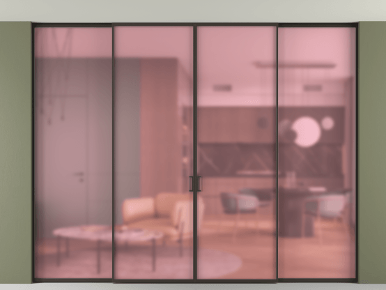 Алюминевая перегородка АЛПР 040.01_ААН_САТ РОЗ_new. Цвет Алюминий антрацит. Материал Алюминий в эмали. Коллекция Перегородка Formato внутри проёма скрытое крепление в потолок 4 створки. Картинка.