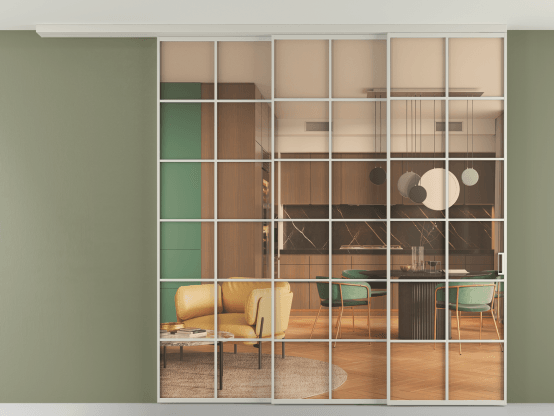 Алюминевая перегородка pv3_05_ Алюминий тёплый серый Прозрачное оранжевое стекло, триплекс, 6мм. Цвет Алюминий тёплый серый. Материал Алюминий в эмали. Коллекция Перегородка Formato вдоль стены на потолок 3 створки с синхронным механизмом. Картинка.