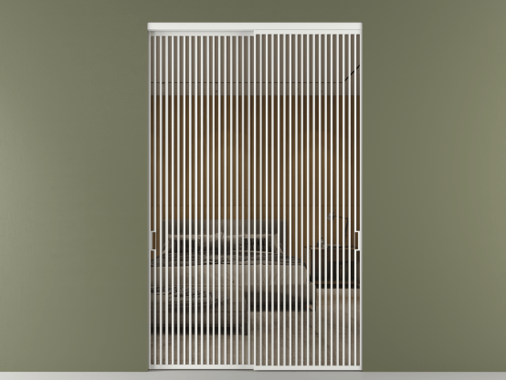 Алюминевая перегородка АЛПР 040.06_АБЛ_Stopsol Bronze_new. Цвет Алюминий белоснежный. Материал Алюминий в эмали. Коллекция Перегородка Formato внутри проёма 2 створки. Картинка.