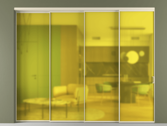 Алюминевая перегородка vn4_01_ Алюминий бежево-серый Сатинированное жёлтое стекло, триплекс, 6мм. Цвет Алюминий бежево-серый. Материал Алюминий в эмали. Коллекция Перегородка Формато внутри проёма 4 створки с синхронным механизмом. Картинка.