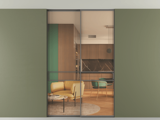 Алюминевая перегородка АЛПР 040.02_АКЛС_ПРОЗ ОРАНЖ_new. Цвет Алюминий классический серый. Материал Алюминий в эмали. Коллекция Перегородка Формато внутри проёма скрытое крепление в потолок 2 створки. Картинка.