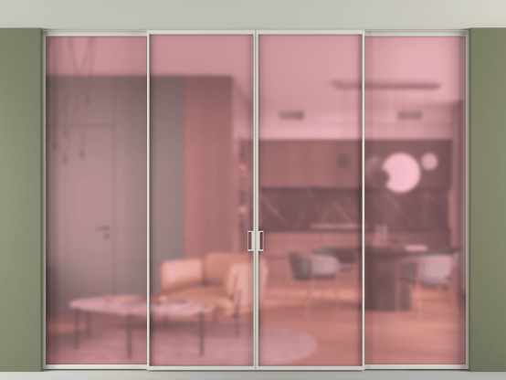 Алюминевая перегородка АЛПР 040.01_АОС_САТ РОЗ_new. Цвет Алюминий облачно-серый. Материал Алюминий в эмали. Коллекция Перегородка Formato внутри проёма скрытое крепление в потолок 4 створки. Картинка.