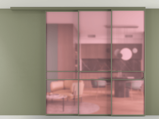 Алюминевая перегородка АЛПР 040.02_АОТ_САТ РОЗ_new. Цвет Алюминий оливковый тёмный. Материал Алюминий в эмали. Коллекция Перегородка Формато вдоль стены на потолок 3 створки с синхронным механизмом. Картинка.