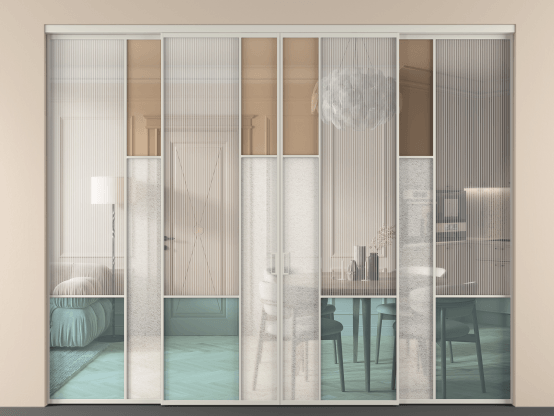 Алюминевая перегородка vnt4_8 Алюминий тёплый серый Четыре стекла. Цвет Алюминий тёплый серый. Материал Алюминий в эмали. Коллекция Перегородка Mosaic внутри проёма 4 створки. Картинка.