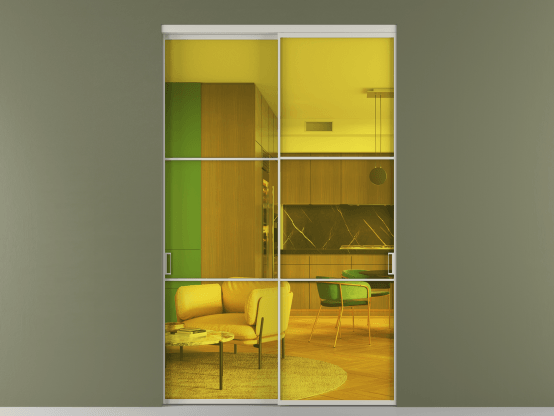 Алюминевая перегородка vn2_03_ Алюминий тёплый серый Прозрачное жёлтое стекло, триплекс, 6мм. Цвет Алюминий тёплый серый. Материал Алюминий в эмали. Коллекция Перегородка Formato внутри проёма 2 створки. Картинка.