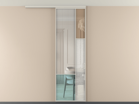 Алюминевая перегородка vdp1_8 Алюминий тёплый серый Четыре стекла. Цвет Алюминий тёплый серый. Материал Алюминий в эмали. Коллекция Перегородка Mosaic вдоль стены на потолок 1 створка. Картинка.