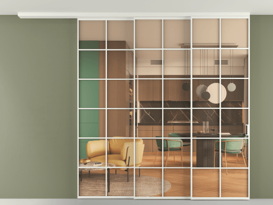 Алюминевая перегородка pv3_05_ Алюминий светло-серый Прозрачное оранжевое стекло, триплекс, 6мм. Цвет Алюминий светло-серый. Материал Алюминий в эмали. Коллекция Перегородка Formato вдоль стены на потолок 3 створки с синхронным механизмом. Картинка.