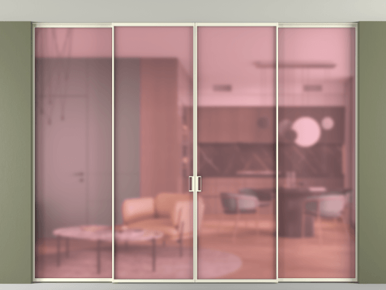 Алюминевая перегородка АЛПР 040.01_АМБ_САТ РОЗ_new. Цвет Алюминий молочно-белый. Материал Алюминий в эмали. Коллекция Перегородка Formato внутри проёма скрытое крепление в потолок 4 створки. Картинка.