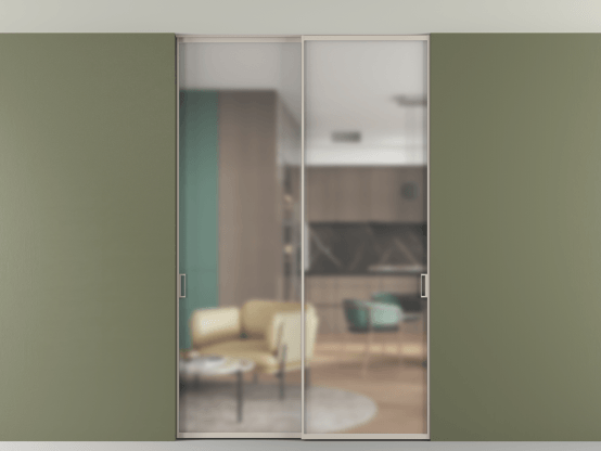 Алюминевая перегородка АЛПР 040.01_АСБЖ_Matelux Crystalvision_new. Цвет Алюминий светло-бежевый. Материал Алюминий в эмали. Коллекция Перегородка Формато внутри проёма скрытое крепление в потолок 2 створки. Картинка.