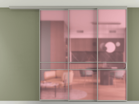 Алюминевая перегородка АЛПР 040.02_АНСР_САТ РОЗ_new. Цвет Алюминий нейтральный серый. Материал Алюминий в эмали. Коллекция Перегородка Формато вдоль стены на потолок 3 створки с синхронным механизмом. Картинка.