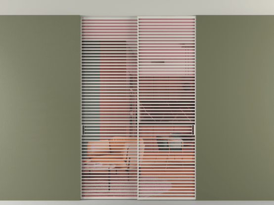 Алюминевая перегородка vn2_07 Алюминий тёплый серый Прозрачное розовое стекло, триплекс, 6мм. Цвет Алюминий тёплый серый. Материал Алюминий в эмали. Коллекция Перегородка Formato внутри проёма скрытое крепление в потолок 2 створки. Картинка.