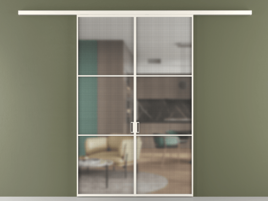 Алюминевая перегородка vd2_03_ Алюминий пудровый белый Mesh silver. Цвет Алюминий пудровый белый. Материал Алюминий в эмали. Коллекция Перегородка Formato вдоль стены 2 створки. Картинка.