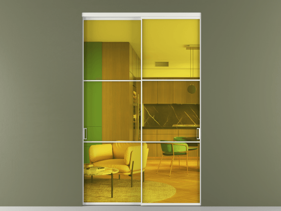 Алюминевая перегородка vn2_03_ Алюминий светло-серый Прозрачное жёлтое стекло, триплекс, 6мм. Цвет Алюминий светло-серый. Материал Алюминий в эмали. Коллекция Перегородка Formato внутри проёма 2 створки. Картинка.