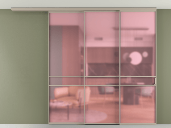 Алюминевая перегородка АЛПР 040.02_АБСК_САТ РОЗ_new. Цвет Алюминий бисквитный. Материал Алюминий в эмали. Коллекция Перегородка Формато вдоль стены на потолок 3 створки с синхронным механизмом. Картинка.