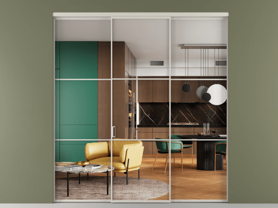 Алюминевая перегородка vn1+2_03_ Алюминий тёплый серый Crystal Vision прозрачное. Цвет Алюминий тёплый серый. Материал Алюминий в эмали. Коллекция Перегородка Formato внутри проёма 3 створки. Картинка.