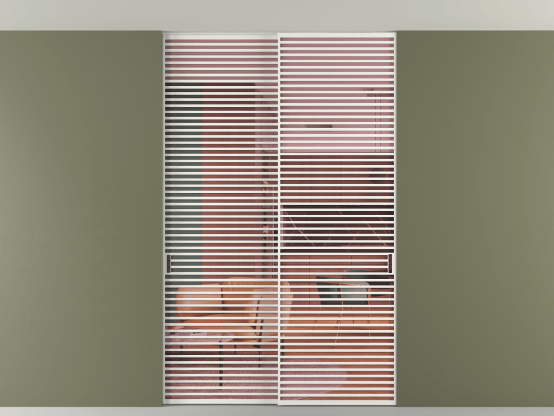 Алюминевая перегородка vn2_07 Алюминий светло-серый Прозрачное розовое стекло, триплекс, 6мм. Цвет Алюминий светло-серый. Материал Алюминий в эмали. Коллекция Перегородка Formato внутри проёма скрытое крепление в потолок 2 створки. Картинка.